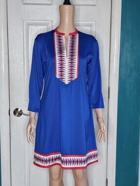 Royal Blue Tunic Dress with Red & White Geo Trim